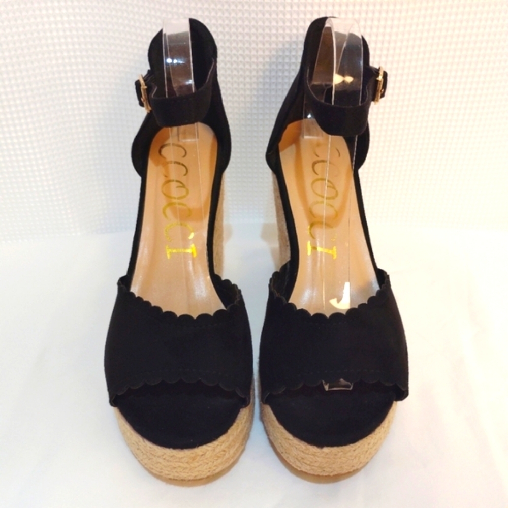 CCOCCI Jessie Espadrilles Wedge Sandal Black Suede w/ Ankle Buckle Strap - Picture 7 of 14